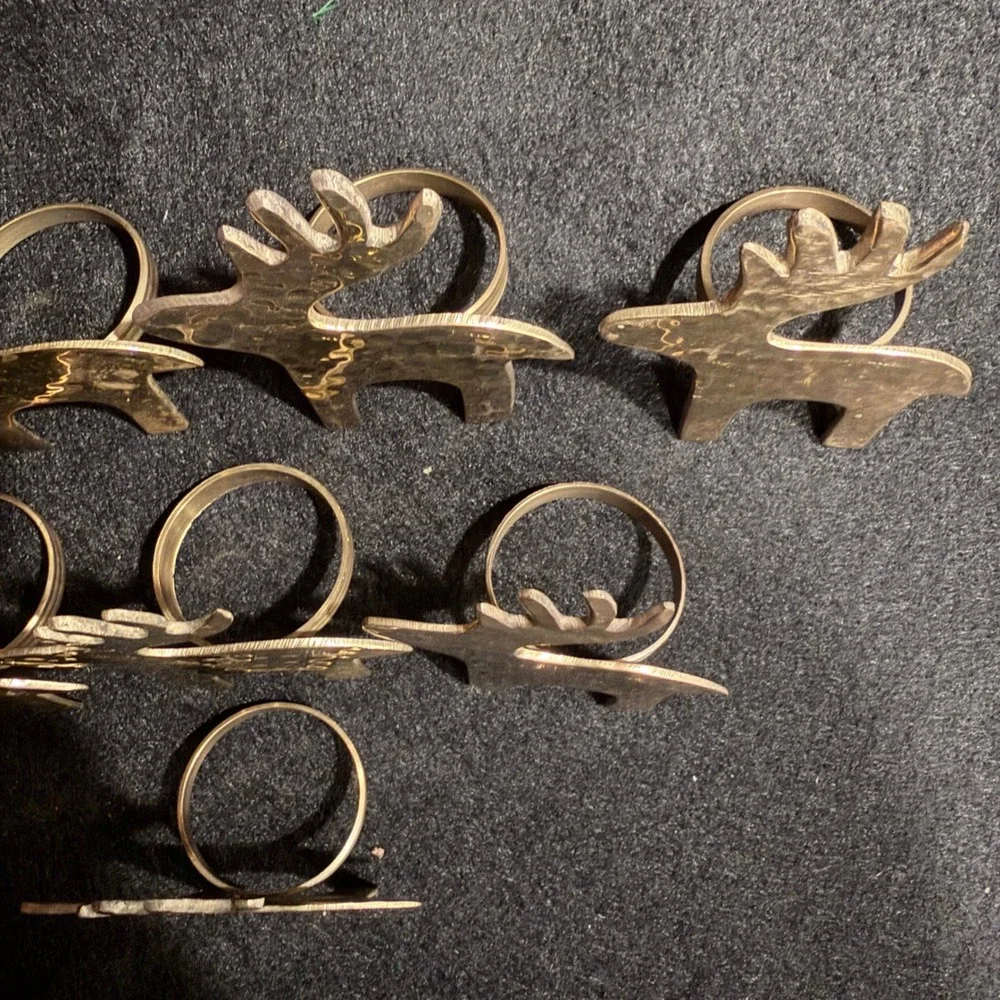 Vintage Hammered Gold Reindeer Napkin Rings‎ Set of 8 Christmas Holiday Decor